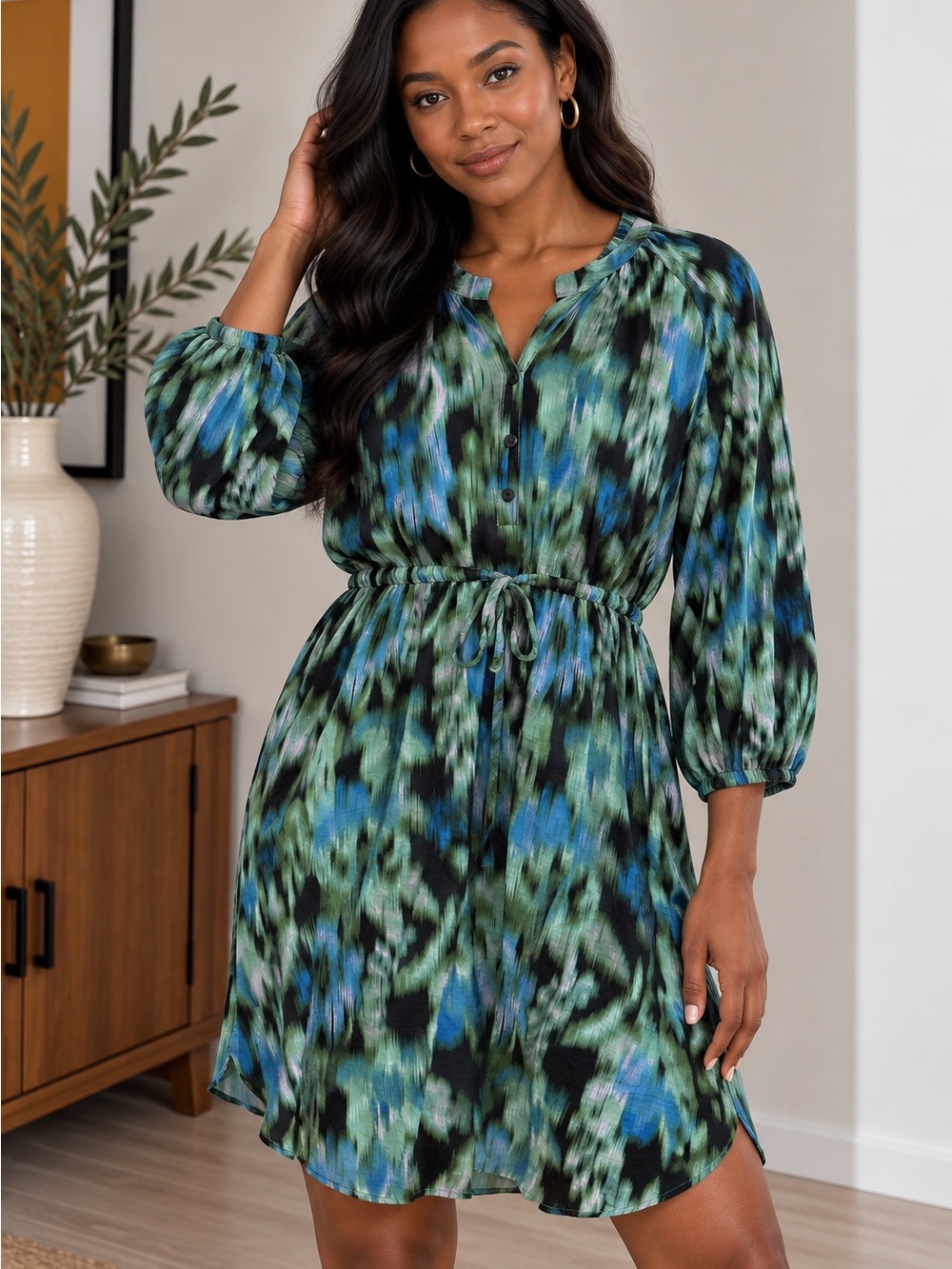 Black, Green & Blue Abstract Tie-Waist Above the Knee Dress